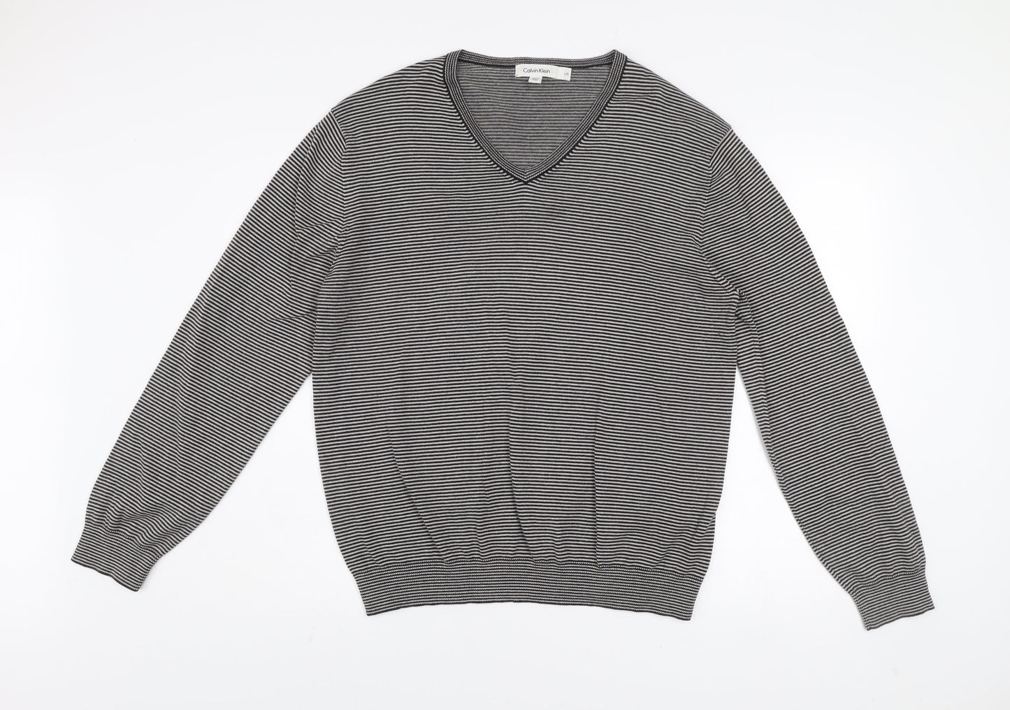 Calvin Klein Men’s Grey Striped V-Neck Cotton Jumper Size L
