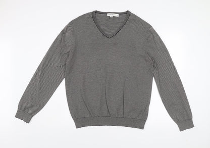Calvin Klein Men’s Grey Striped V-Neck Cotton Jumper Size L