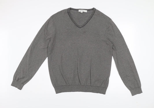 Calvin Klein Men’s Grey Striped V-Neck Cotton Jumper Size L