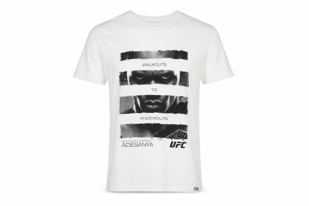 Front view of UFC Men’s White Cotton Graphic T-Shirt, size S, Adesanya Fight Sportswear