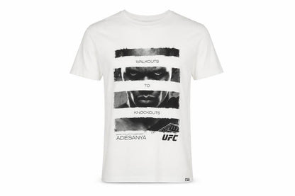 Front view of UFC Men’s White Cotton Graphic T-Shirt, size S, Adesanya Fight Sportswear