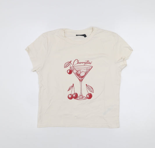 ASOS Design Women's Beige Cherry Print T-Shirt M Cotton Blend Casual Top