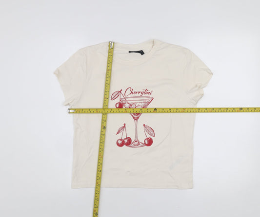 ASOS Design Women's Beige Cherry Print T-Shirt M Cotton Blend Casual Top