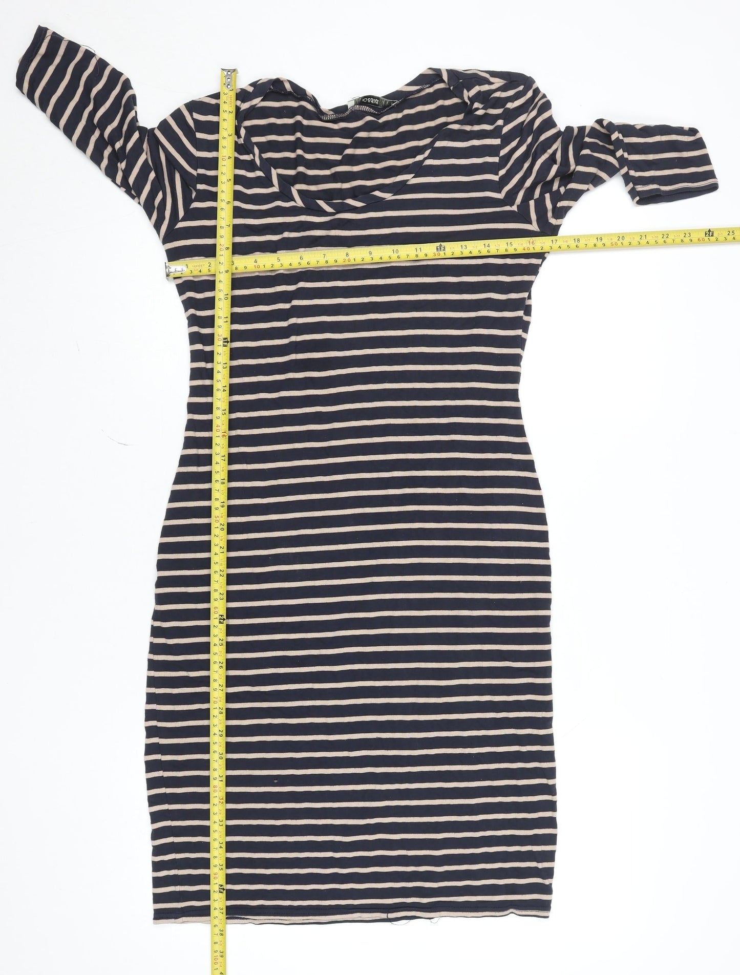 Oasis Women Blue Striped Bodycon Dress L 3/4 Sleeve Knee Length