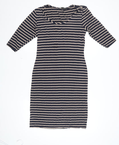 Oasis Women Blue Striped Bodycon Dress L 3/4 Sleeve Knee Length