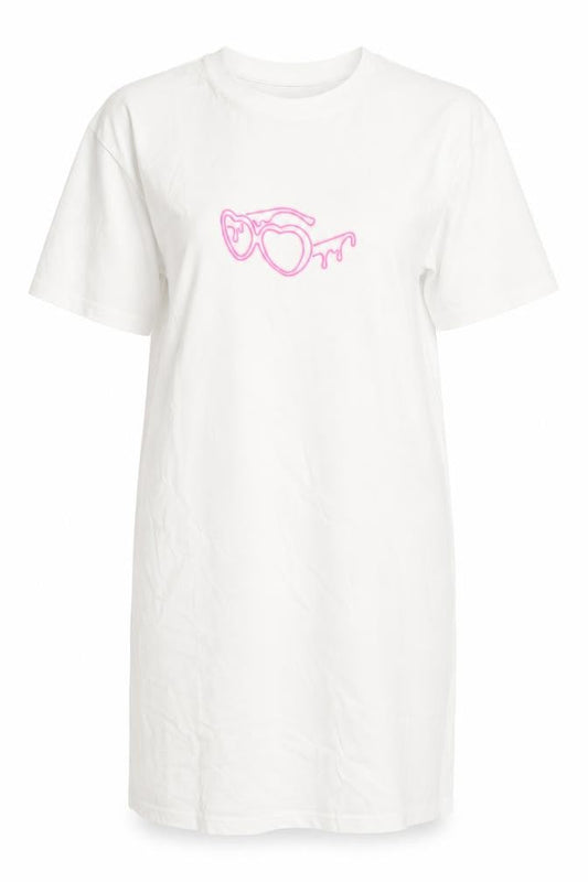 Front view of I Saw It First Love Island White Cotton Women's Small T-Shirt Dress