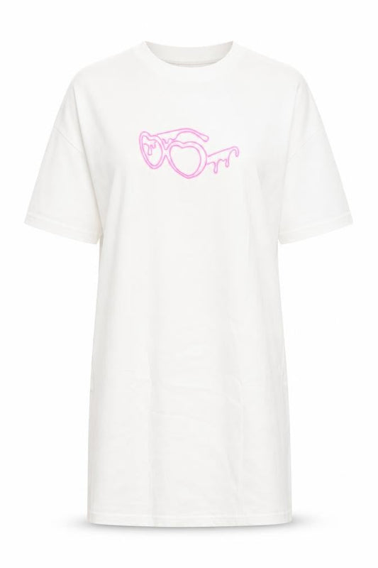 Front view of I Saw It First Women’s White T-Shirt Dress, size S, Graphic Cotton Summer
