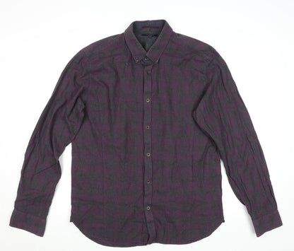 Ted Baker London Men's Purple Check Long Sleeve Cotton Button-Up Shirt Size L