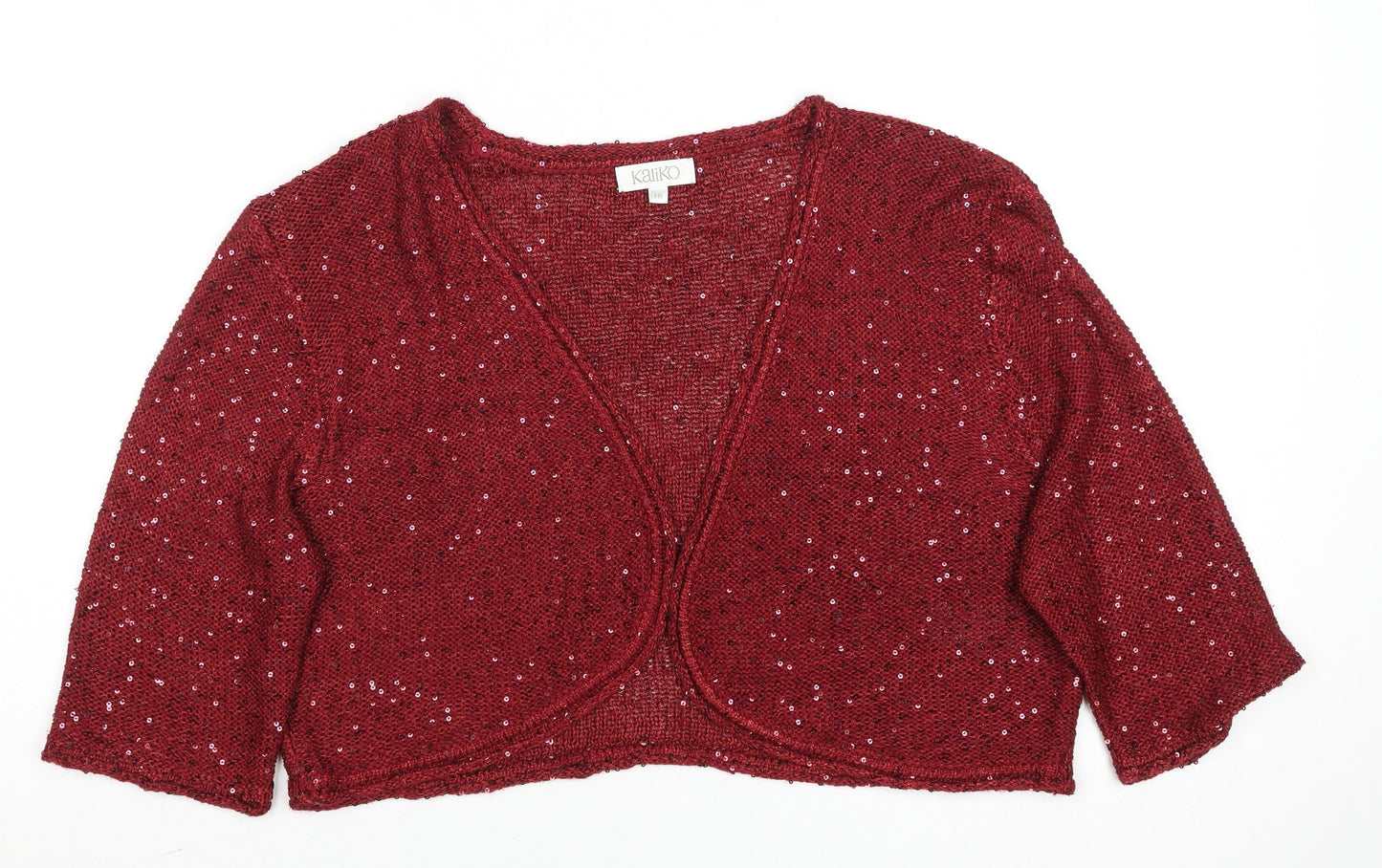 Kaliko Womens Red Sequin Open Knit 3/4 Sleeve Cardigan Size 18