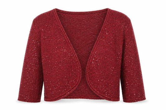 Front view of Kaliko women’s red sequin open knit 3/4 sleeve cardigan, size UK 18