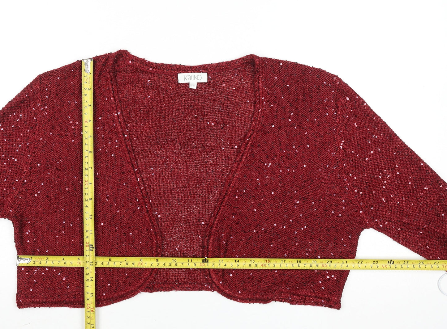 Kaliko Womens Red Sequin Open Knit 3/4 Sleeve Cardigan Size 18