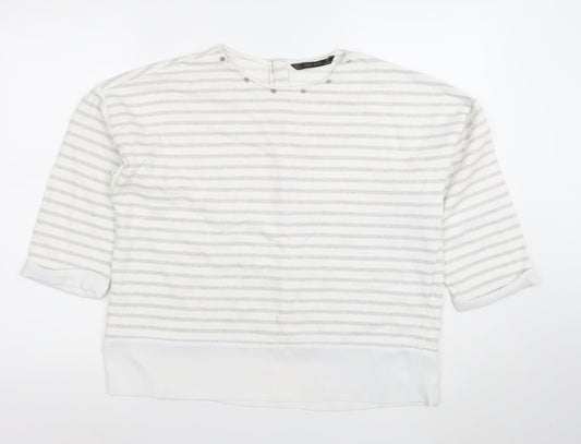 Zara Basic Women White Grey Striped 3/4 Sleeve Button-Back Blouse Size L