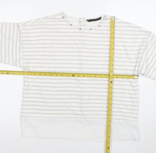 Zara Basic Women White Grey Striped 3/4 Sleeve Button-Back Blouse Size L