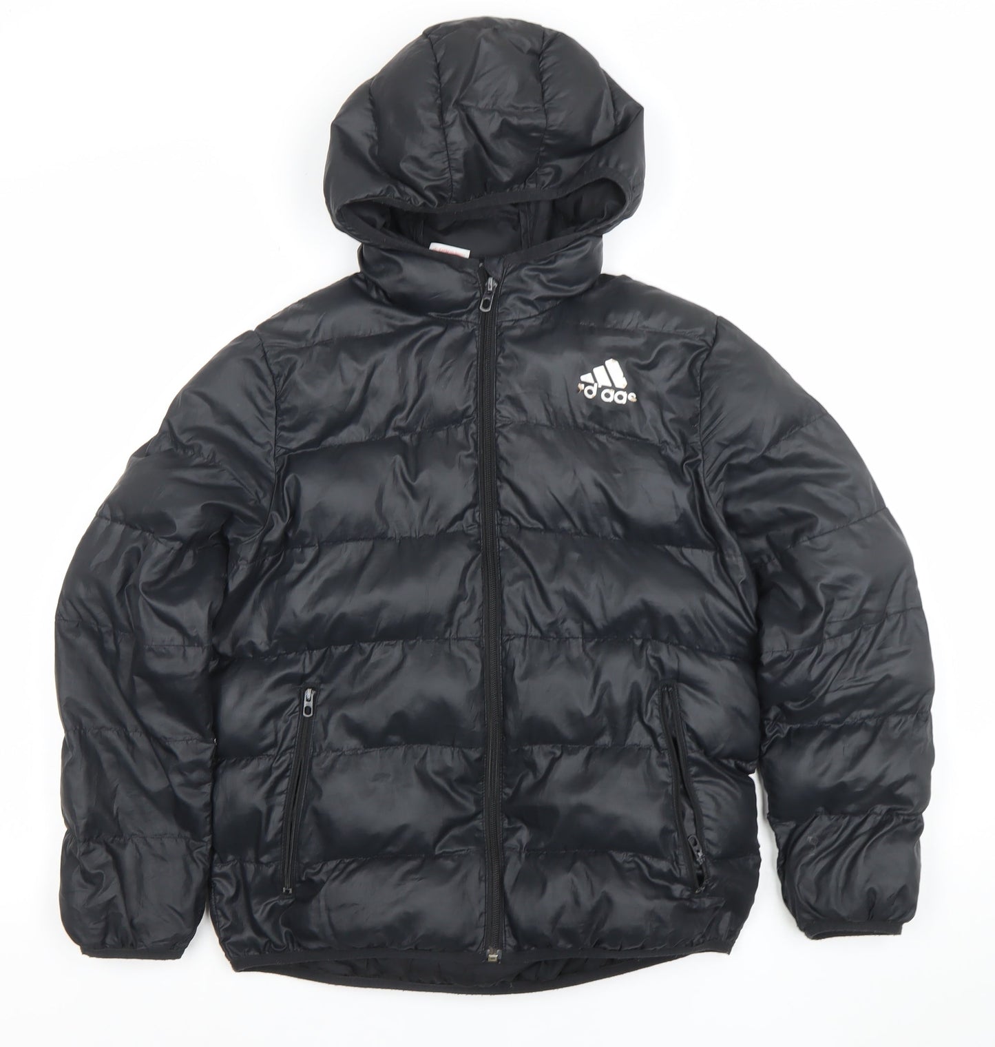 Adidas Boys Black Hooded Puffer Jacket 11-12 Years Winter Zip Coat