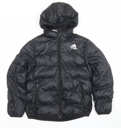 Adidas Boys Black Hooded Puffer Jacket 11-12 Years Winter Zip Coat