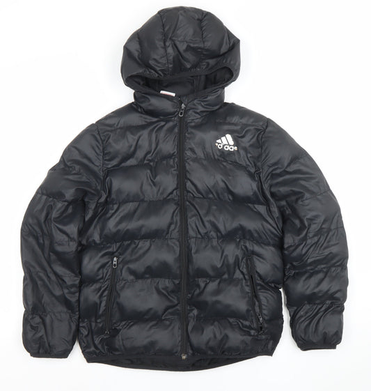 Adidas Boys Black Hooded Puffer Jacket 11-12 Years Winter Zip Coat