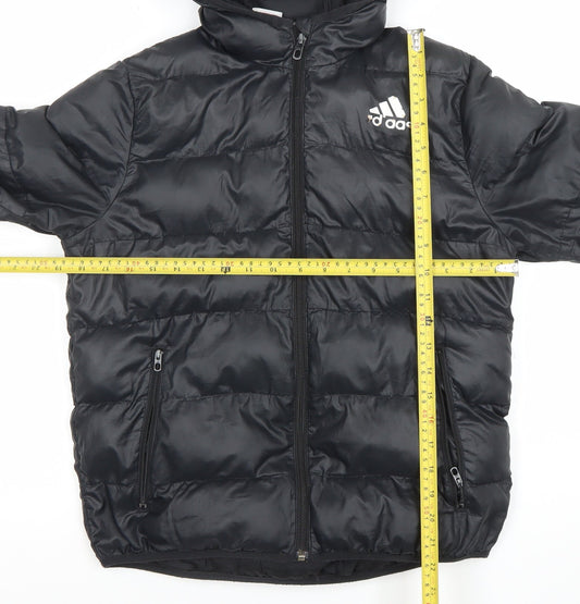Adidas Boys Black Hooded Puffer Jacket 11-12 Years Winter Zip Coat