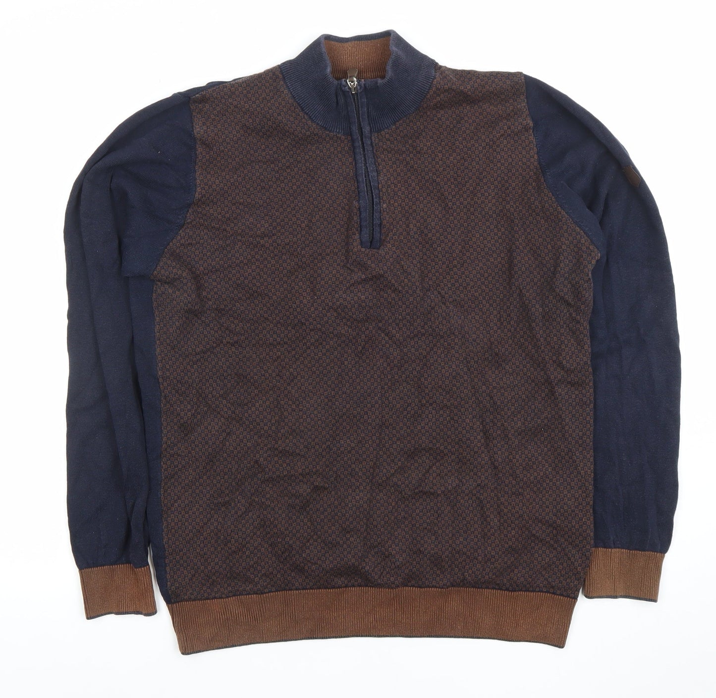 Benetti Men's Blue Brown Medium 1/2 Zip Cotton Jumper