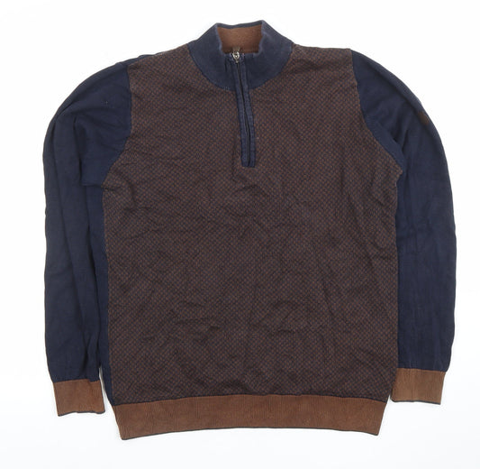 Benetti Men's Blue Brown Medium 1/2 Zip Cotton Jumper