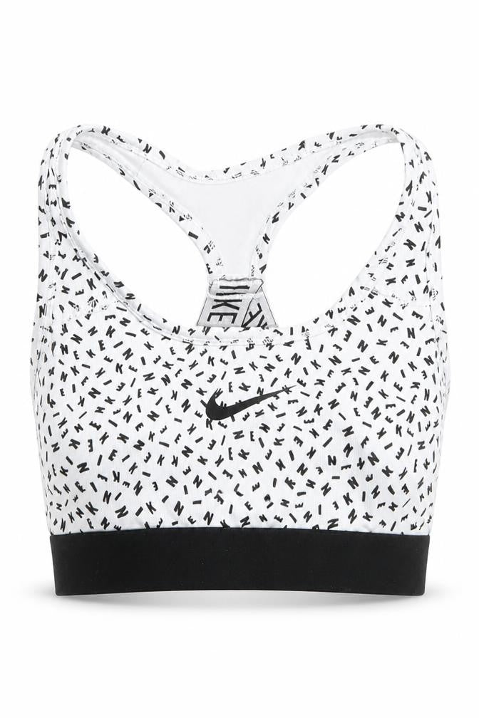 Front view of Nike girls’ white black dri-fit sports bra m athletic tank top