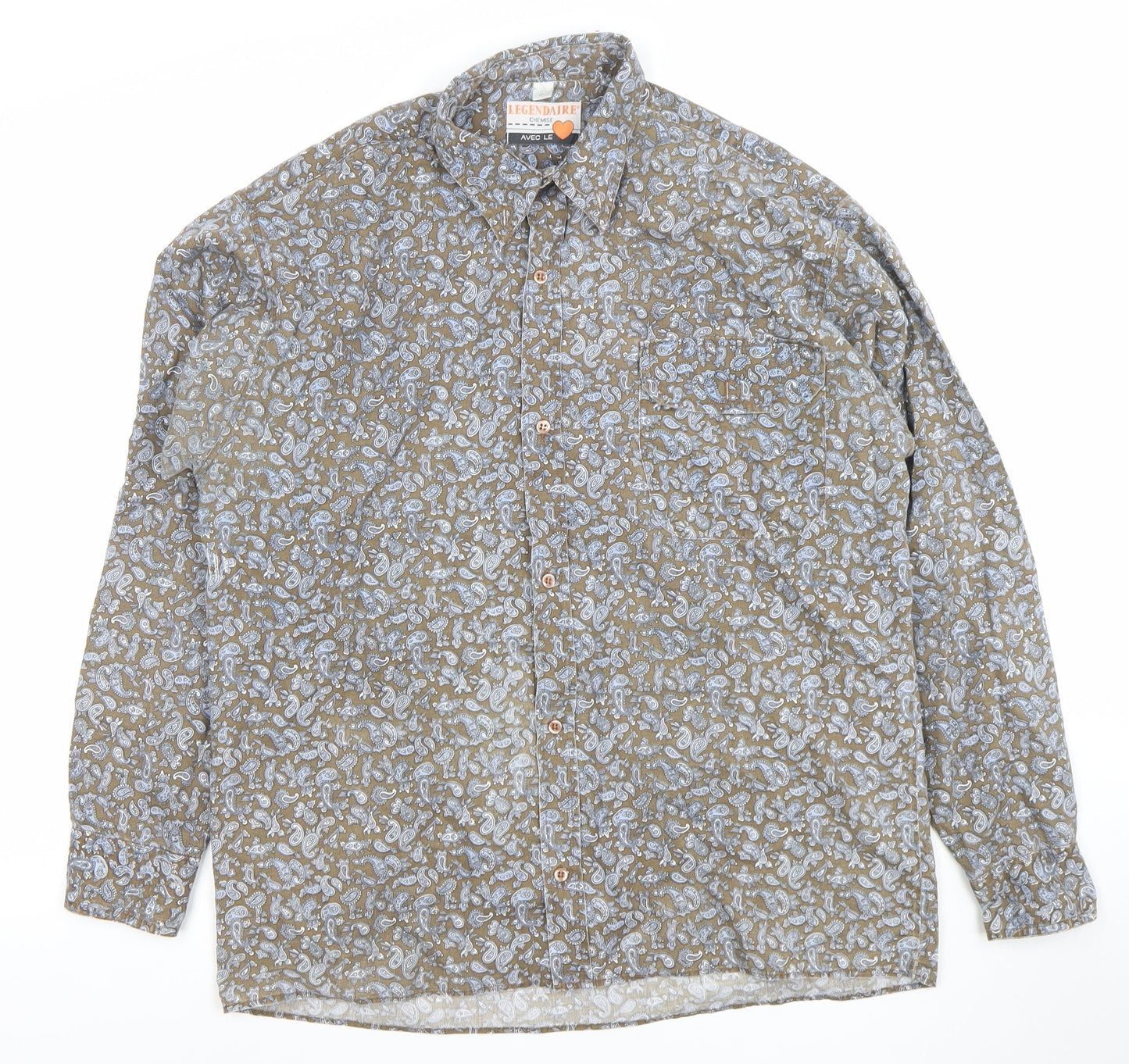 Legendaire Men's Brown Paisley Cotton Long Sleeve Button-Up Shirt L