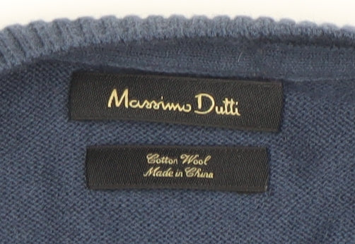 Massimo Dutti Men's Blue Cotton Wool Crew Neck Jumper L