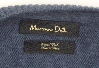 Massimo Dutti Men's Blue Cotton Wool Crew Neck Jumper L