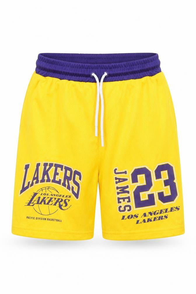 Front view of NBA boys’ yellow los angeles lakers james 23 athletic basketball shorts 7-8y