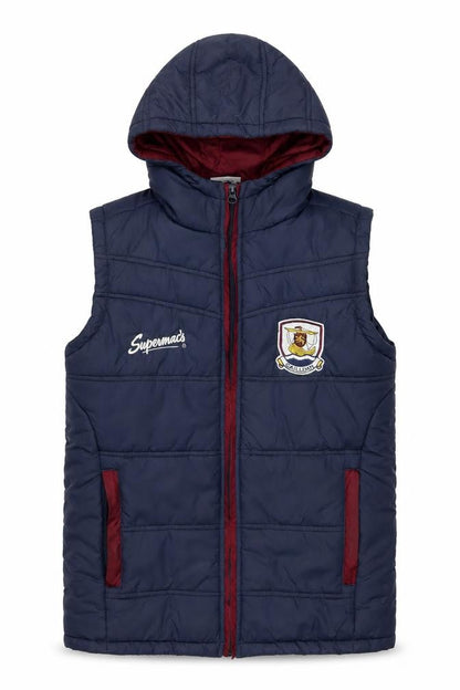 Front view of PowerSports boys’ blue hooded puffer jacket 11-12 years sleeveless