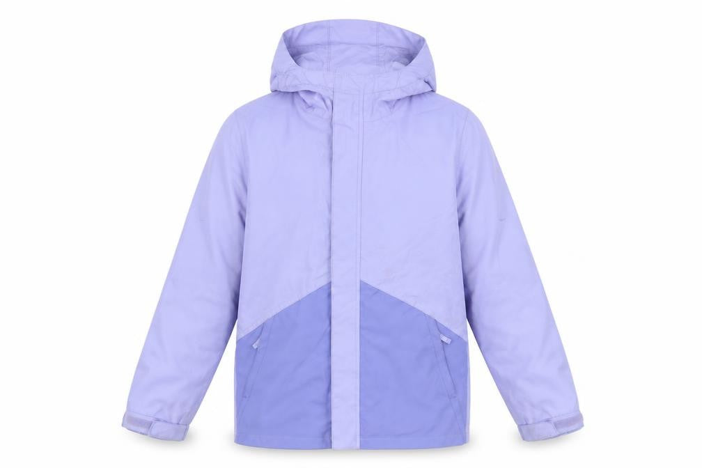 Front view of Mountain Warehouse boys’ purple hooded rain coat jacket 11-12 years waterproof