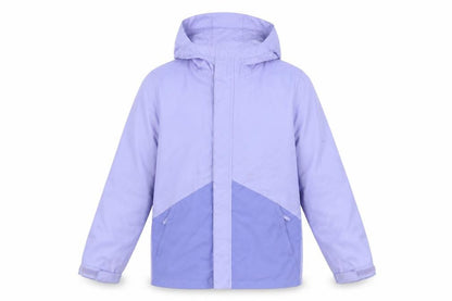 Front view of Mountain Warehouse boys’ purple hooded rain coat jacket 11-12 years waterproof