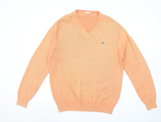 Lacoste Mens Orange Cotton V-Neck Pullover Jumper M
