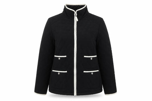 Front view of Gallery Women’s Black Quilted Mid-Length Jacket, size UK 14, Lined Zip Front