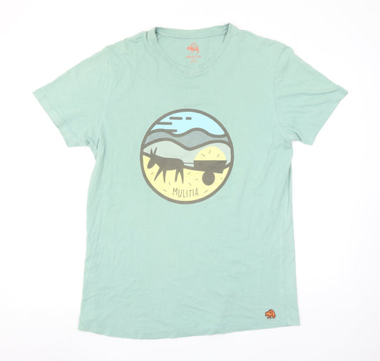 Mulitia Men's Green Graphic Animal Print Cotton T-Shirt Size L