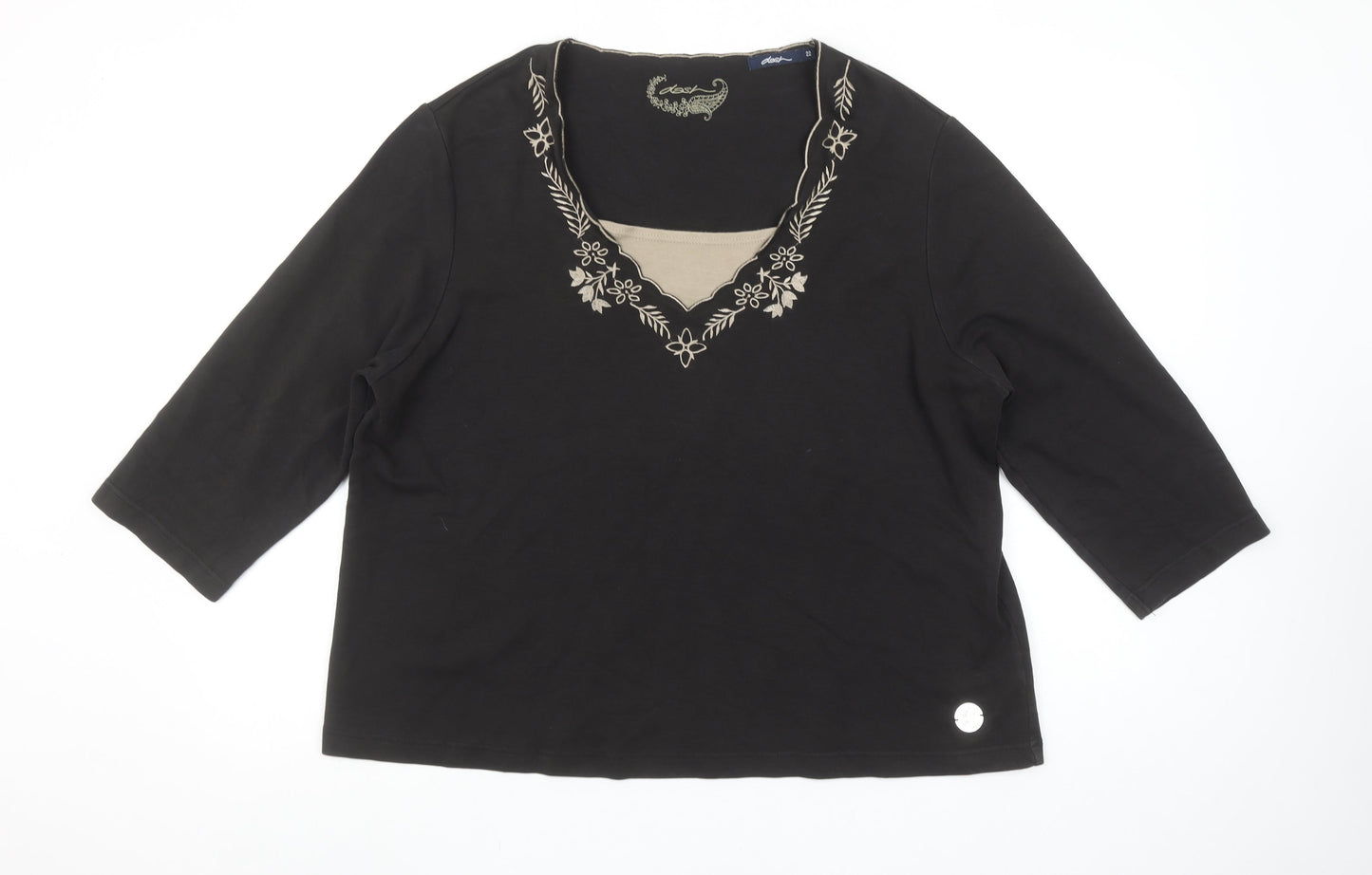 Dash Womens Black Size 22 Embroidered 3/4 Sleeve V-Neck T-Shirt