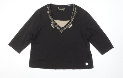 Dash Womens Black Size 22 Embroidered 3/4 Sleeve V-Neck T-Shirt