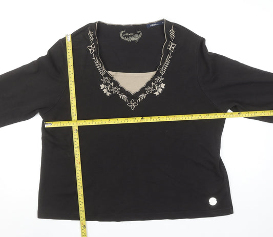 Dash Womens Black Size 22 Embroidered 3/4 Sleeve V-Neck T-Shirt