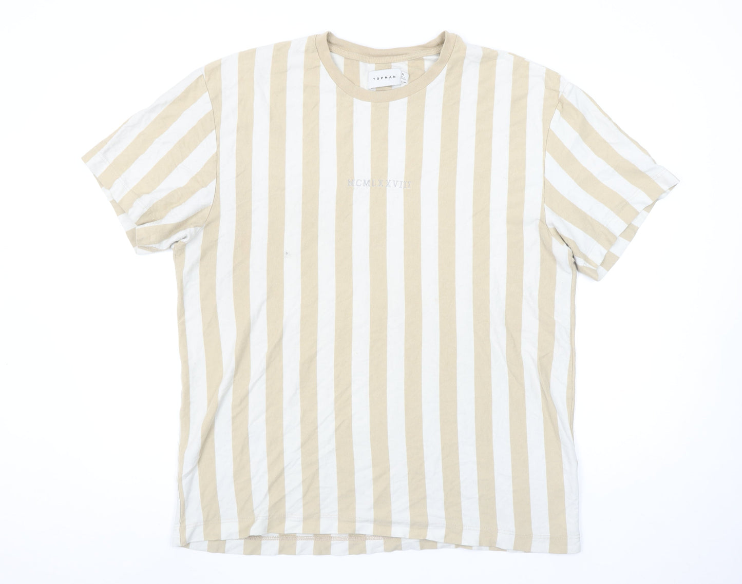 Topman Men's Beige White Striped XL Cotton Crew Neck T-Shirt