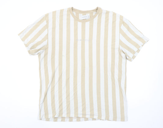Topman Men's Beige White Striped XL Cotton Crew Neck T-Shirt