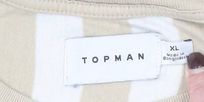 Topman Men's Beige White Striped XL Cotton Crew Neck T-Shirt