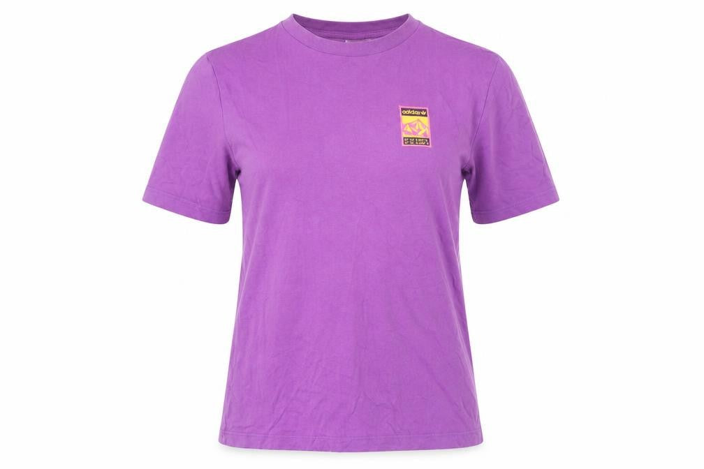 Front view of Adidas women’s purple graphic t-shirt xs short sleeve cotton