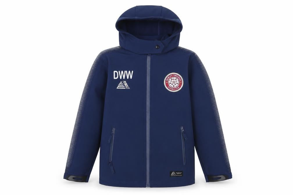 Front view of Pendle boys’ blue softshell hooded football jacket 11-12 years full zip