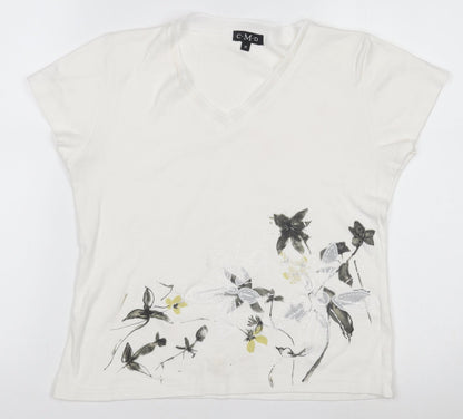 C.M.D Womens White Floral Embroidered V-Neck Cotton T-Shirt M