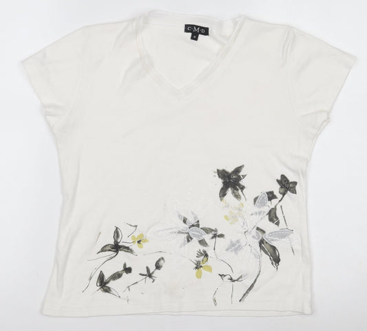 C.M.D Womens White Floral Embroidered V-Neck Cotton T-Shirt M