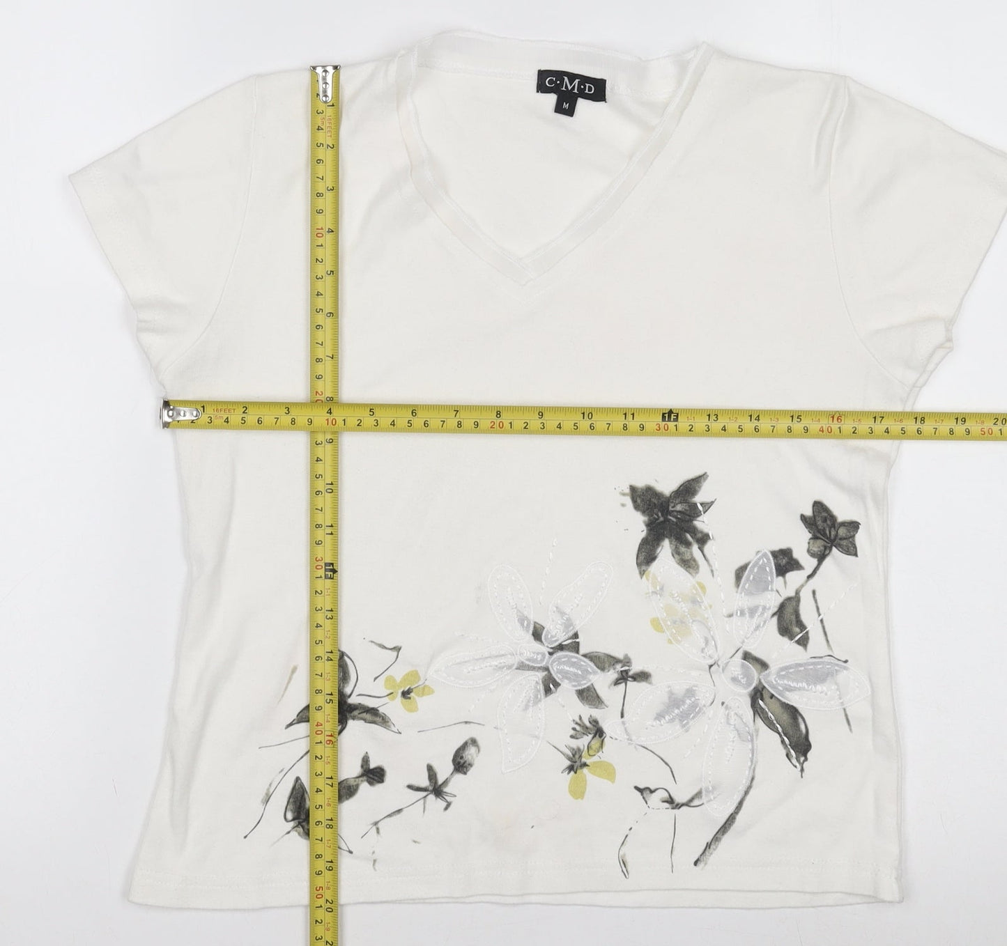 C.M.D Womens White Floral Embroidered V-Neck Cotton T-Shirt M