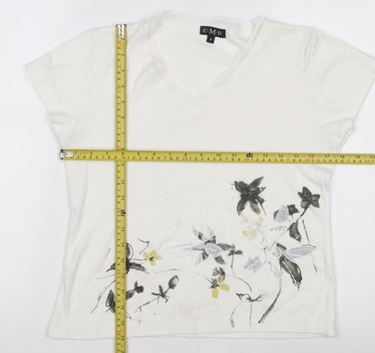 C.M.D Womens White Floral Embroidered V-Neck Cotton T-Shirt M