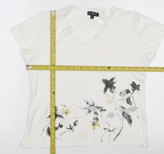 C.M.D Womens White Floral Embroidered V-Neck Cotton T-Shirt M
