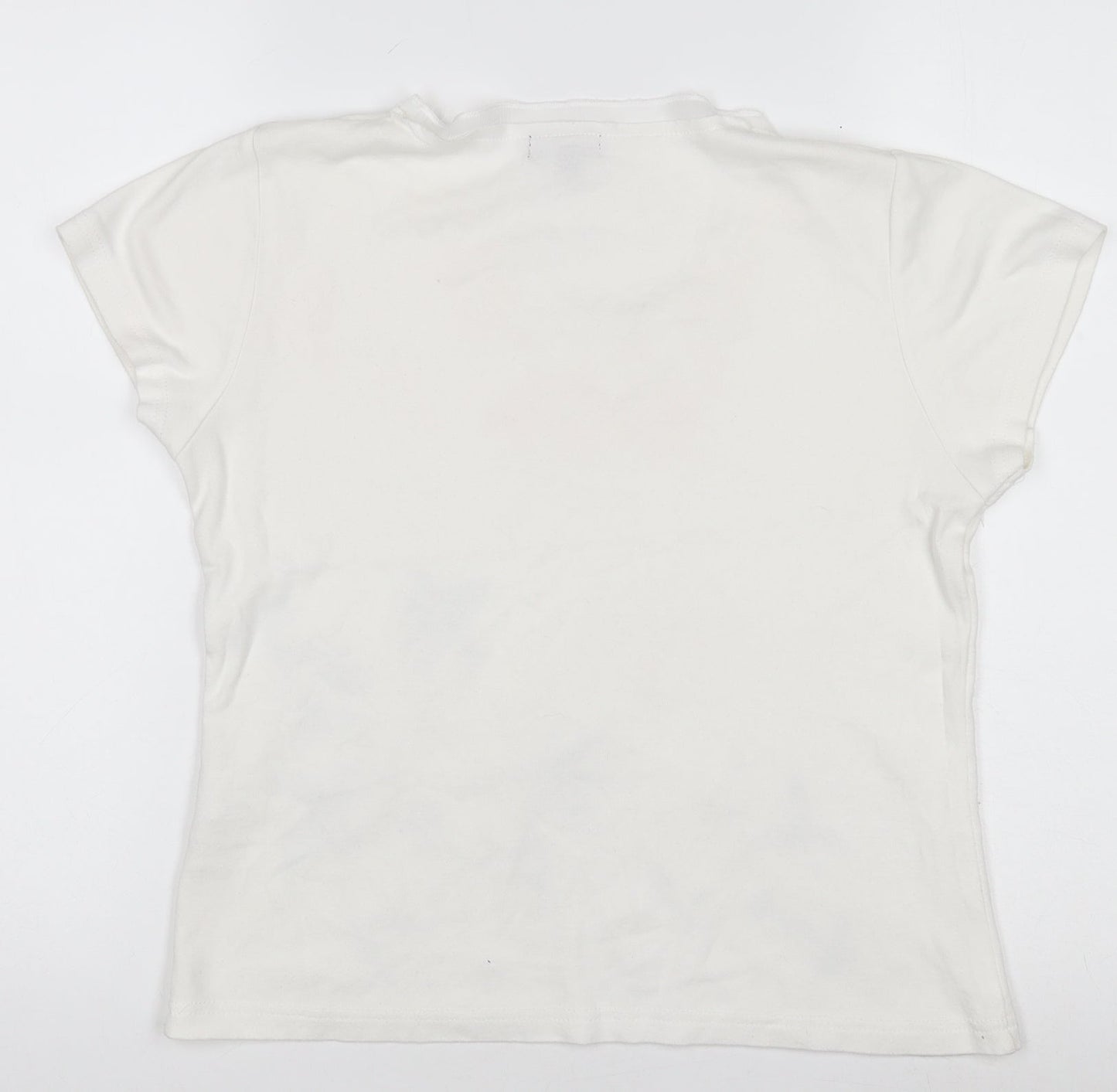 C.M.D Womens White Floral Embroidered V-Neck Cotton T-Shirt M