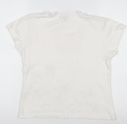 C.M.D Womens White Floral Embroidered V-Neck Cotton T-Shirt M