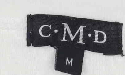 C.M.D Womens White Floral Embroidered V-Neck Cotton T-Shirt M